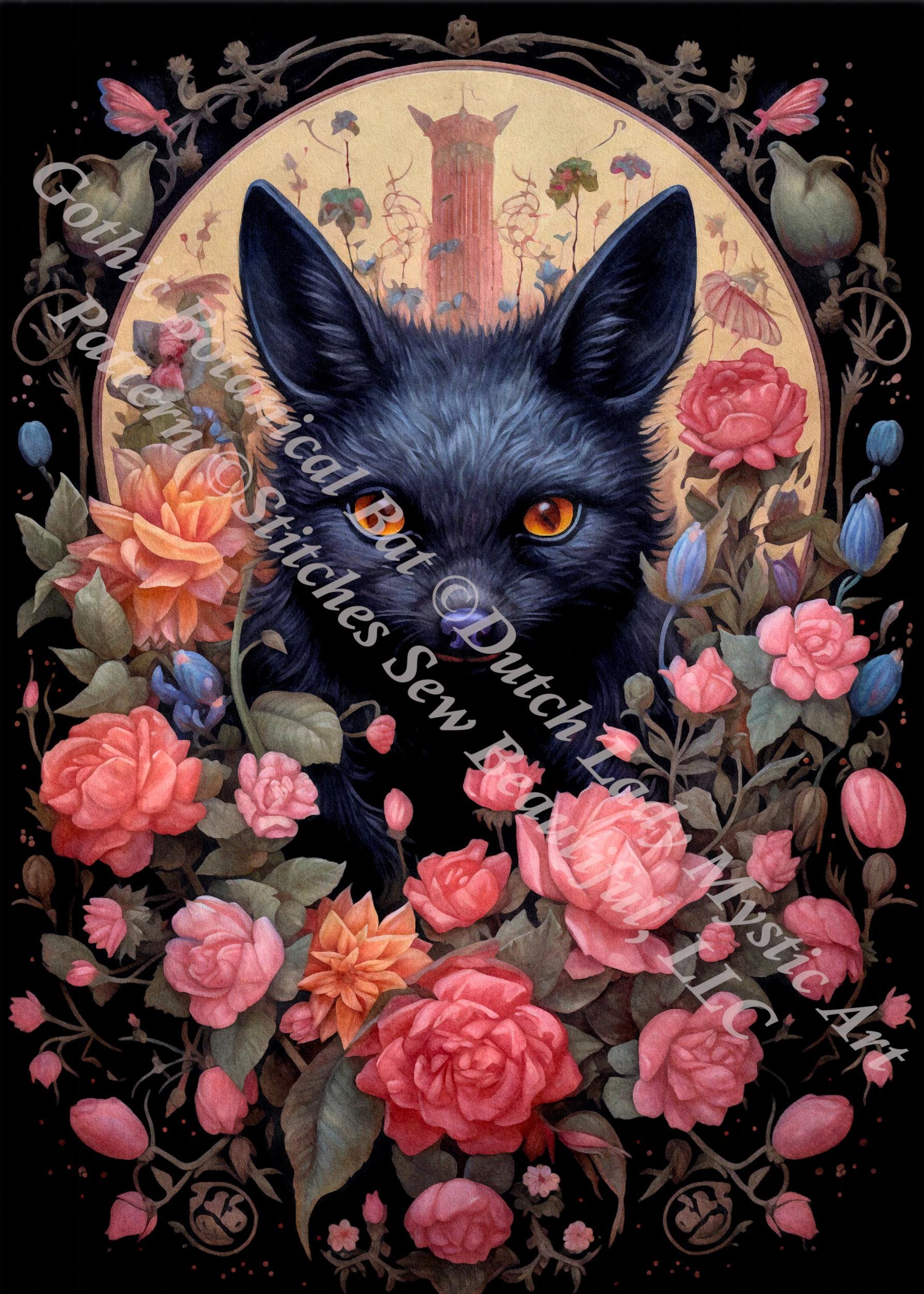 Gothic Botanical Bat counted cross stitch pattern by Dutch Lady Mystic Art