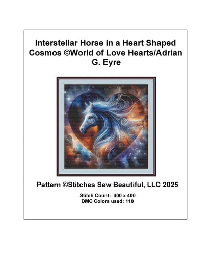 Interstellar Horse in a Heart Shaped Cosmos counted cross stitch pattern by World of Love Hearts/Adrian G. Eyre