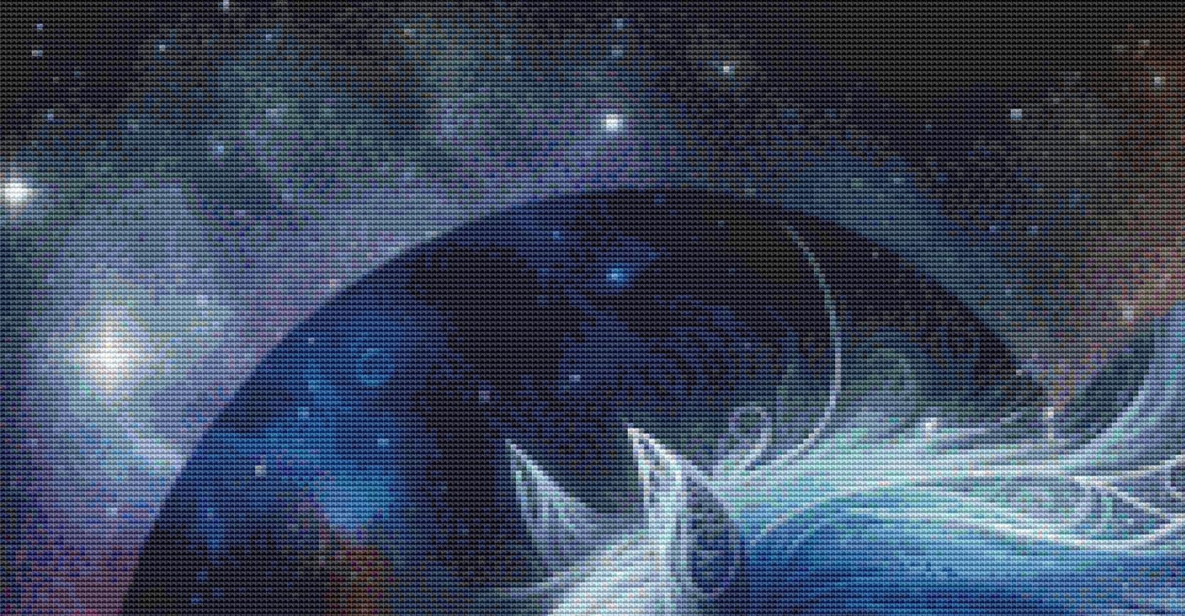 Interstellar Horse in a Heart Shaped Cosmos counted cross stitch pattern by World of Love Hearts/Adrian G. Eyre
