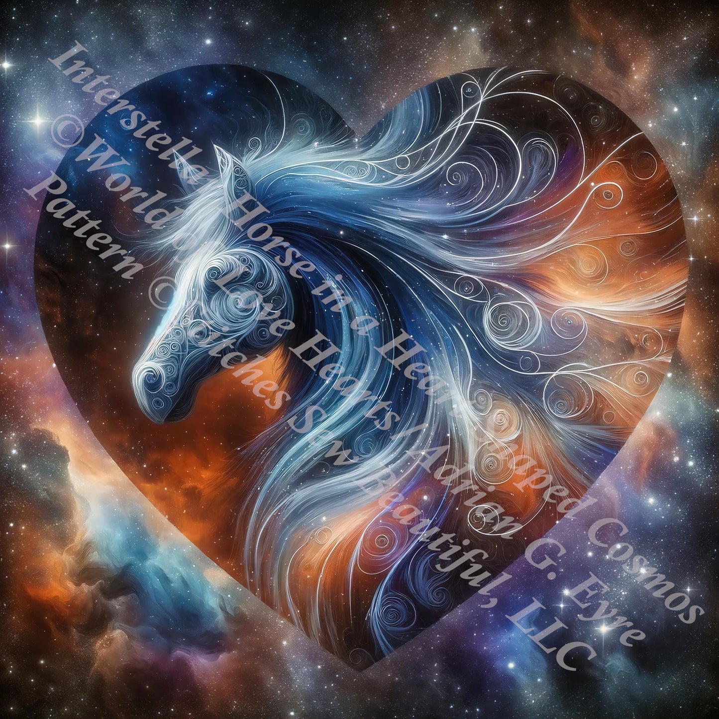 Interstellar Horse in a Heart Shaped Cosmos counted cross stitch pattern by World of Love Hearts/Adrian G. Eyre