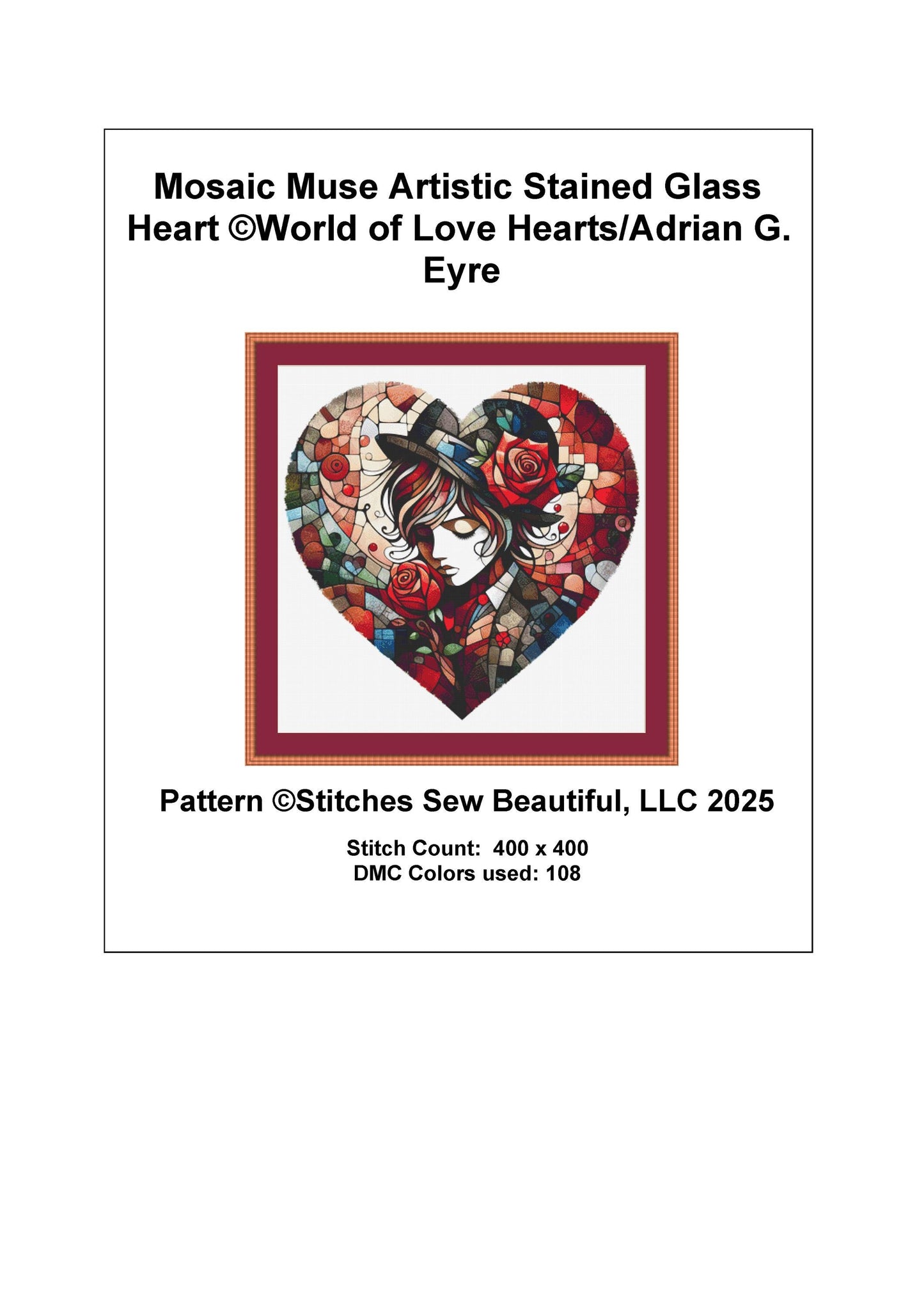 Mosaic Muse Artistic Stained Glass Heart counted cross stitch pattern by World of Love Hearts/Adrian G. Eyre