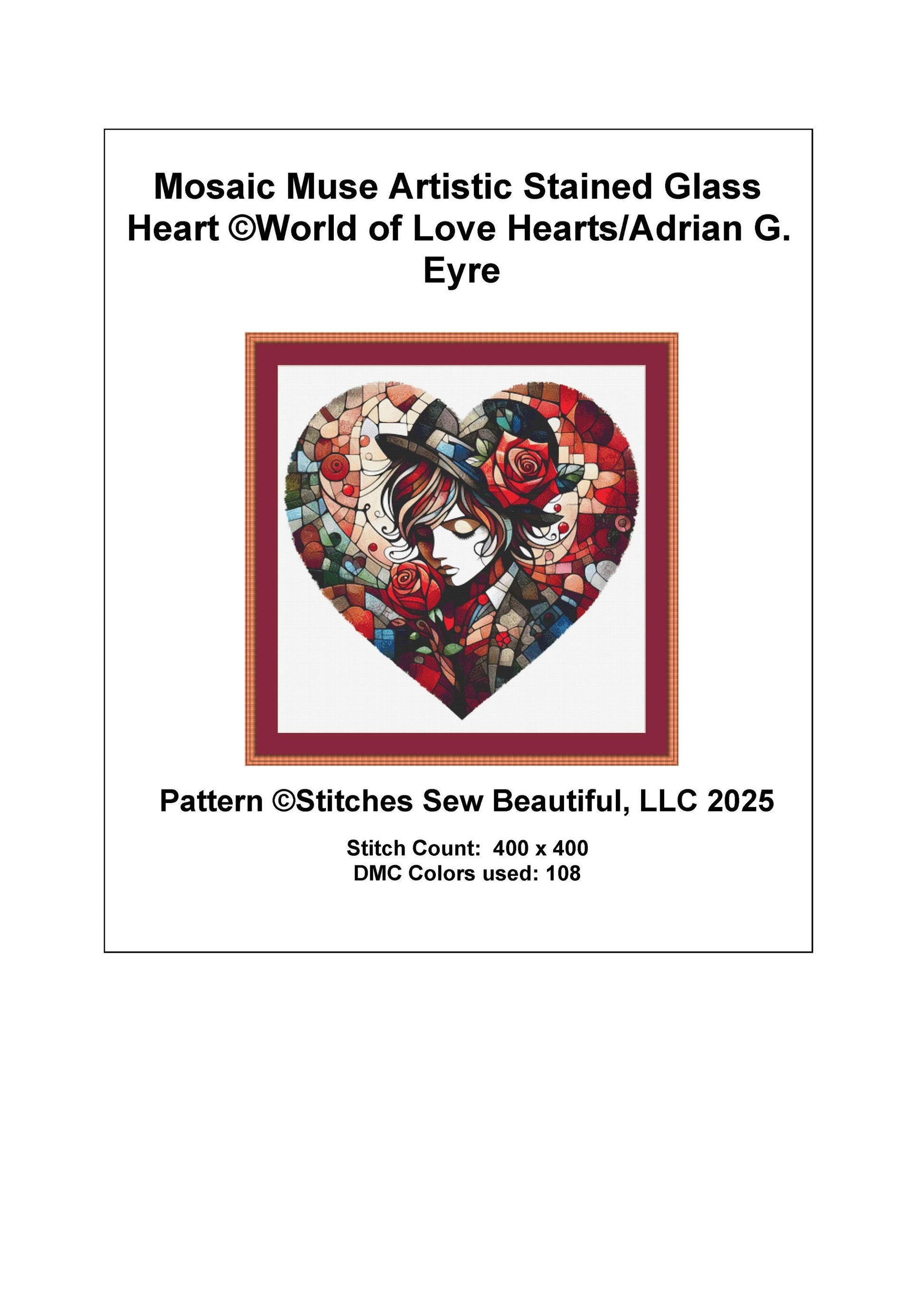Mosaic Muse Artistic Stained Glass Heart counted cross stitch pattern by World of Love Hearts/Adrian G. Eyre