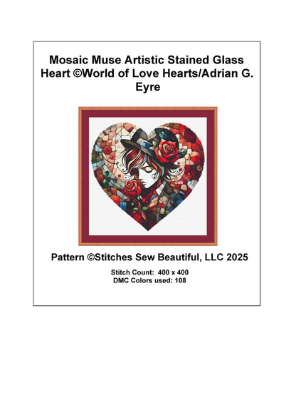 Mosaic Muse Artistic Stained Glass Heart counted cross stitch pattern by World of Love Hearts/Adrian G. Eyre