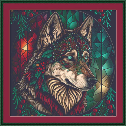 Stained Glass Christmas Wolf counted cross stitch pattern by Serr.Kai A Quill & Ink