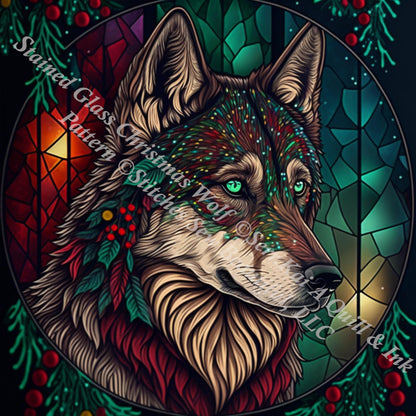 Stained Glass Christmas Wolf counted cross stitch pattern by Serr.Kai A Quill & Ink
