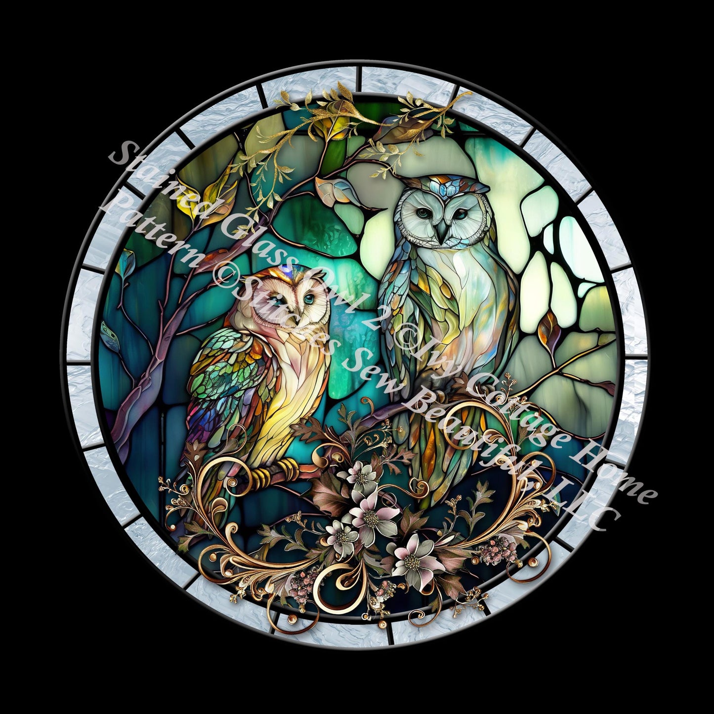 Stained Glass Owl 2 (Round) counted cross stitch pattern by Ivy Cottage Home