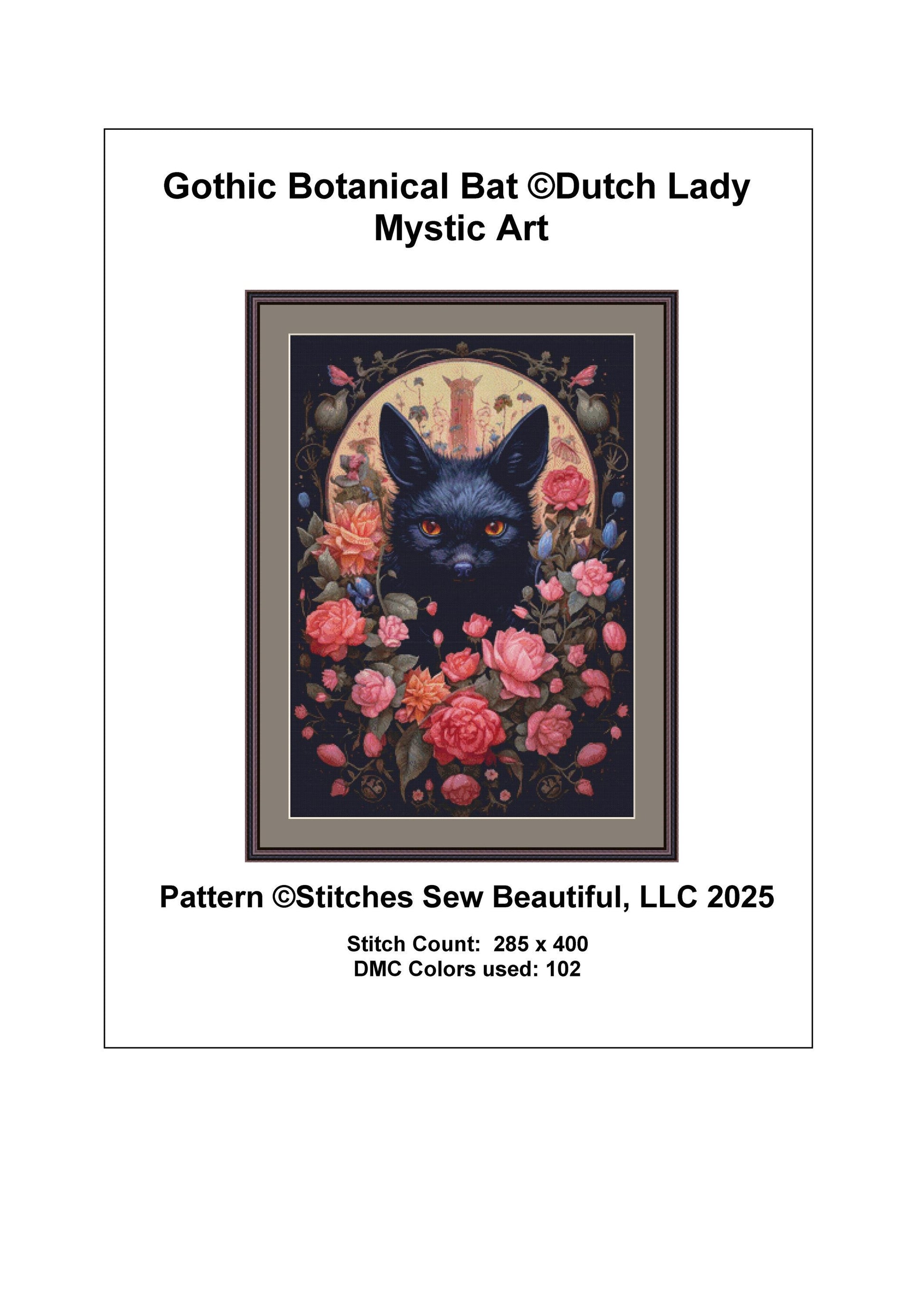 Gothic Botanical Bat counted cross stitch pattern by Dutch Lady Mystic Art