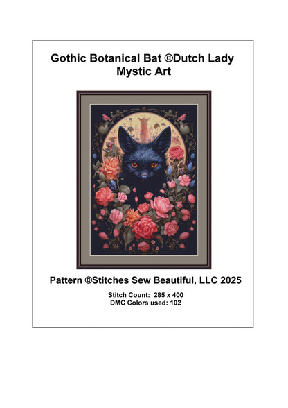 Gothic Botanical Bat counted cross stitch pattern by Dutch Lady Mystic Art