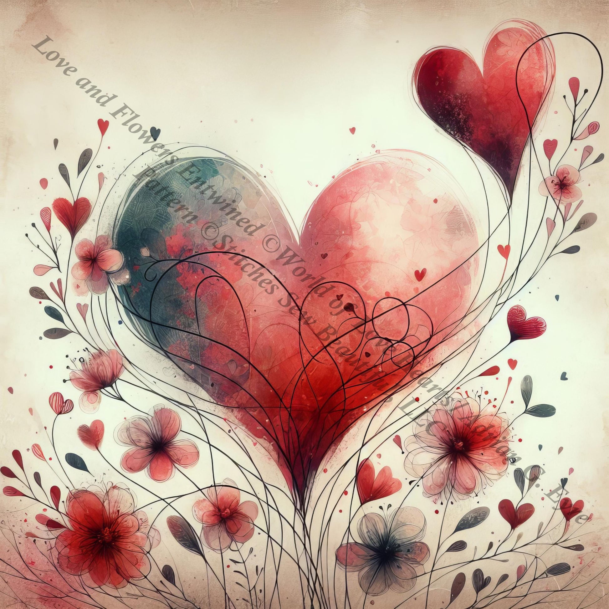 Love and Flowers Entwined (Small) counted cross stitch pattern by World of Love Hearts/Adrian G. Eyre