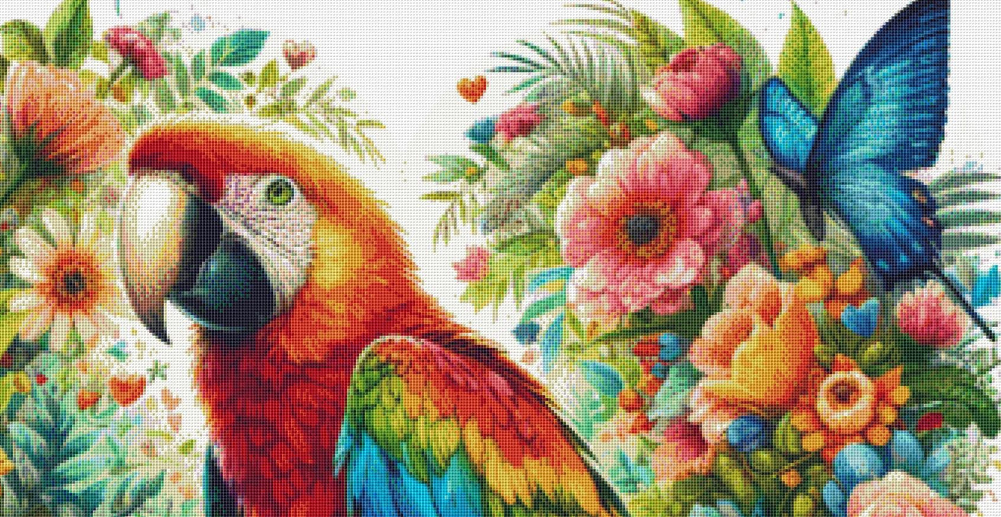 Vibrant Macaw Amidst Flourishing Florals counted cross stitch pattern by World of Love Hearts/Adrian G. Eyre