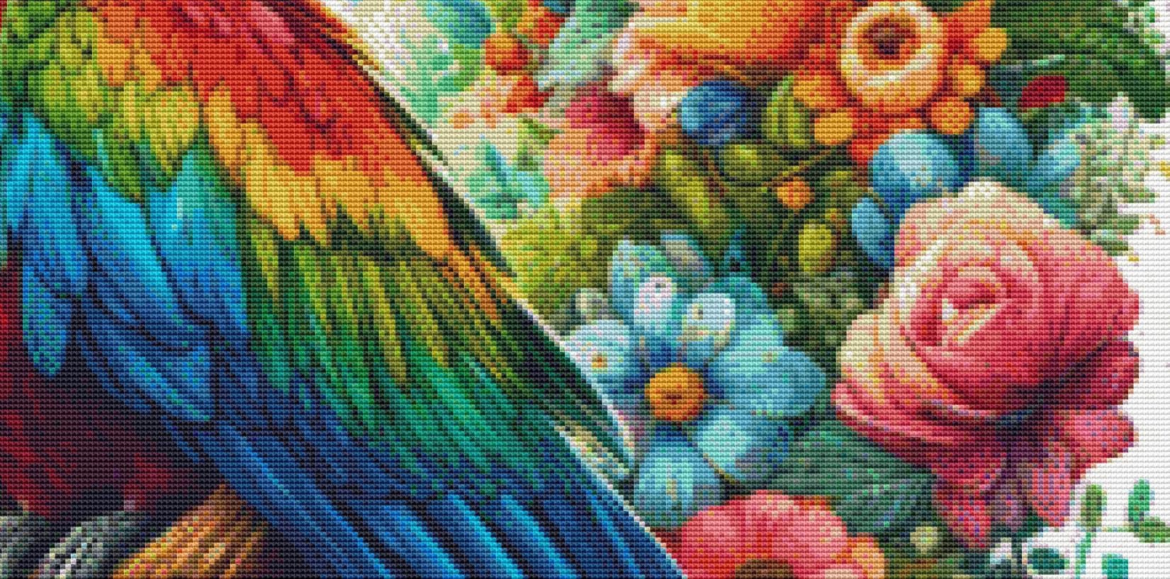 Vibrant Macaw Amidst Flourishing Florals counted cross stitch pattern by World of Love Hearts/Adrian G. Eyre