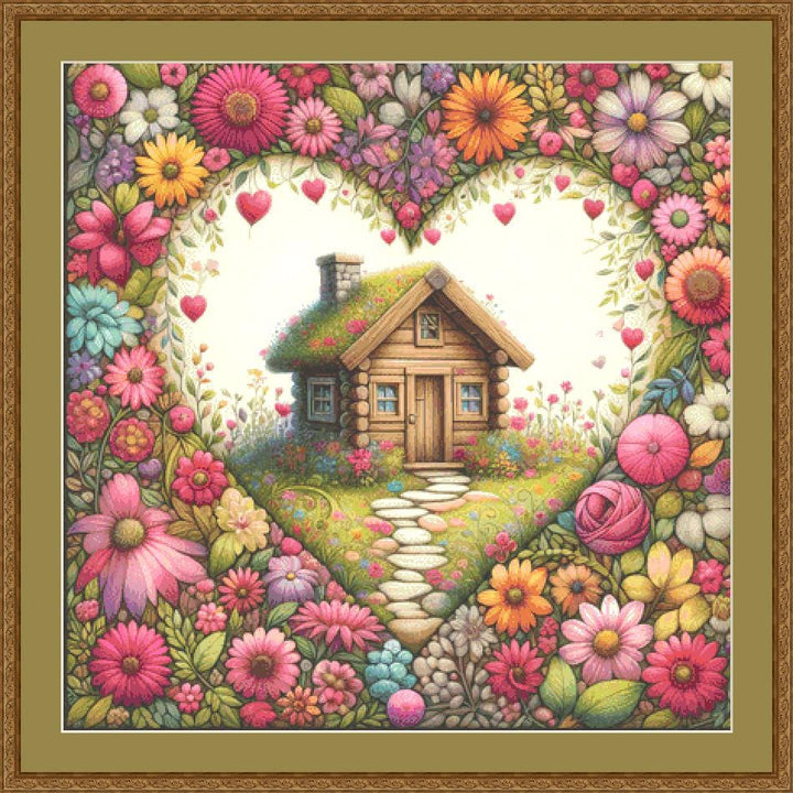 Cabin Nestled in a Heart of Flowers counted cross stitch pattern by World of Love Hearts/Adrian G. Eyre