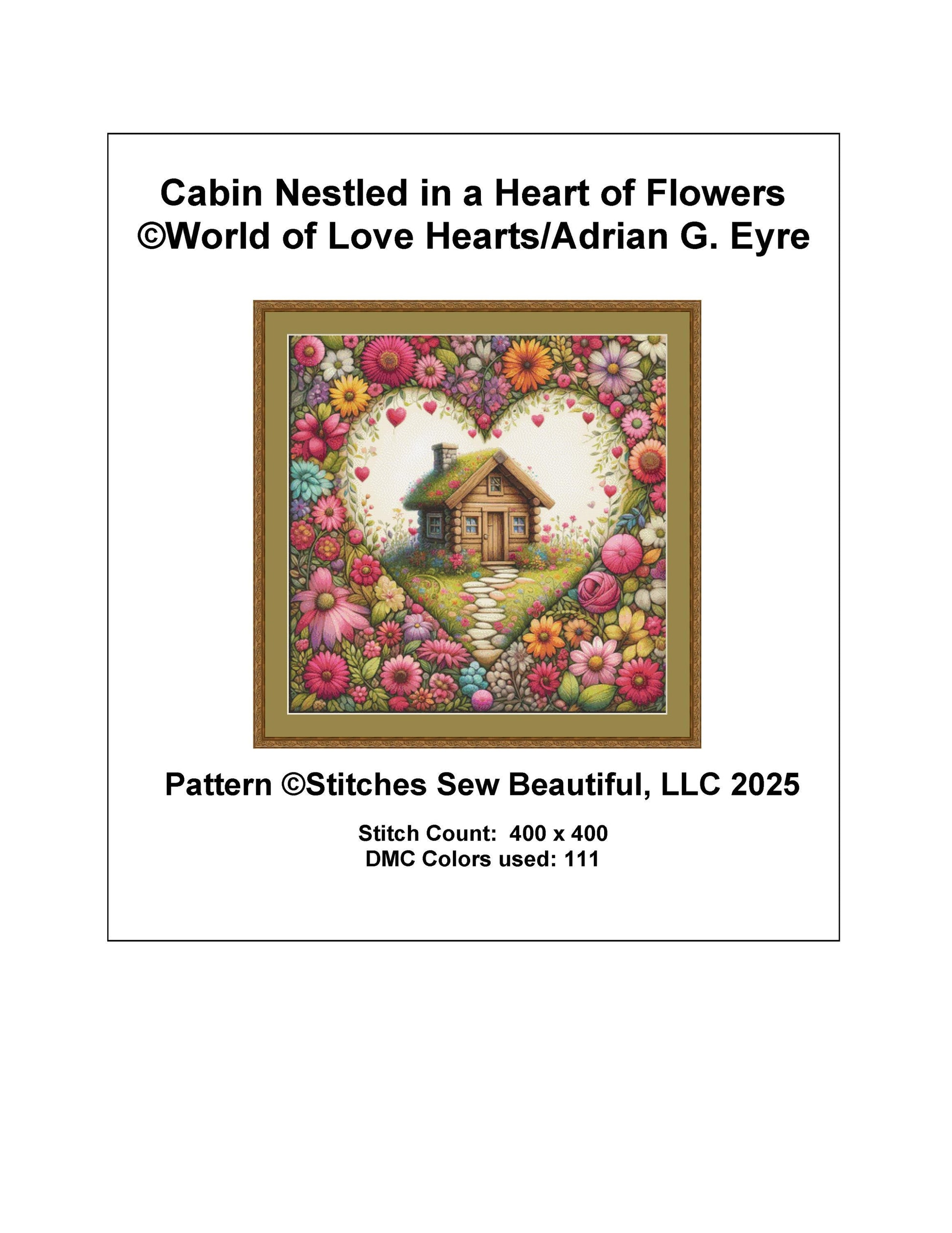 Cabin Nestled in a Heart of Flowers counted cross stitch pattern by World of Love Hearts/Adrian G. Eyre