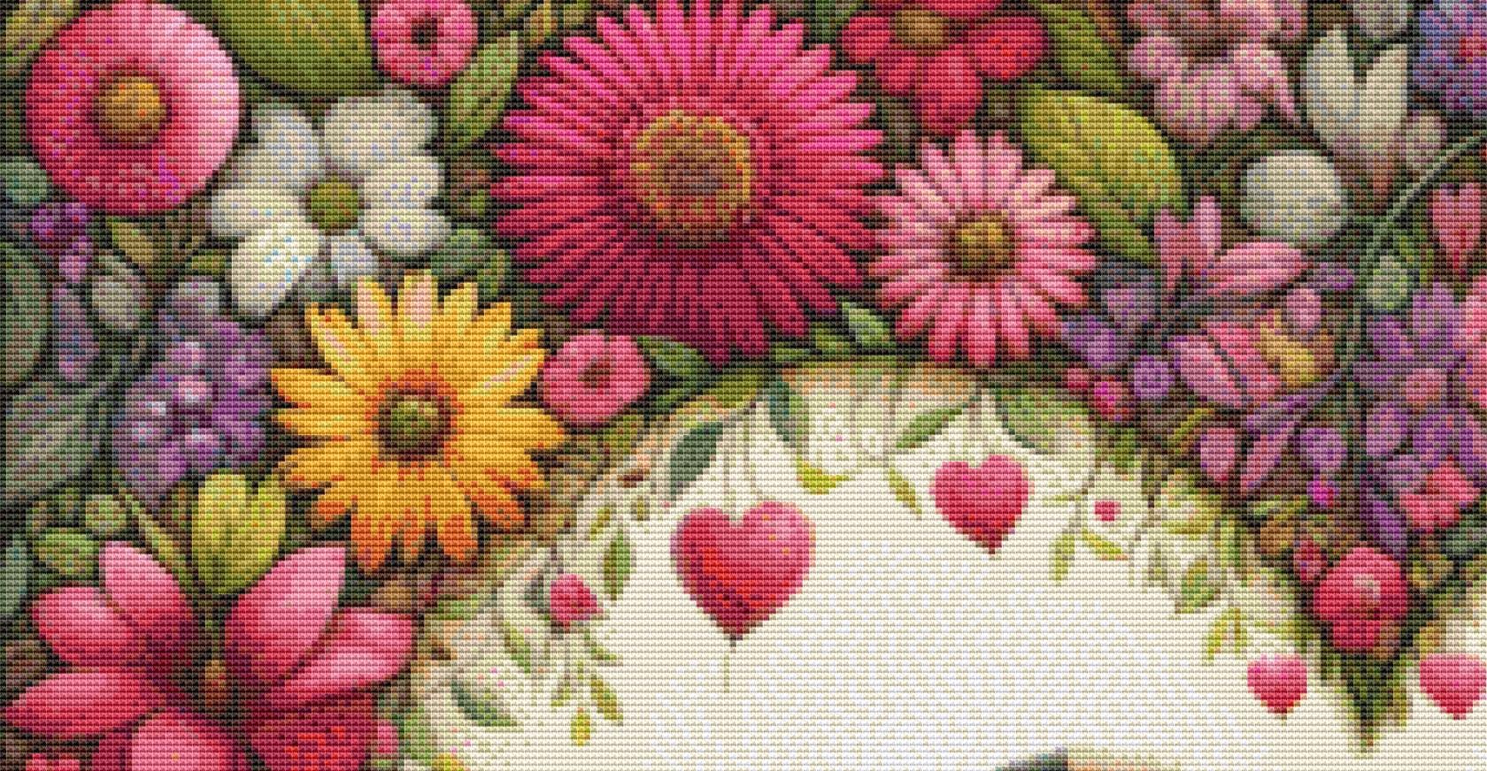 Cabin Nestled in a Heart of Flowers counted cross stitch pattern by World of Love Hearts/Adrian G. Eyre