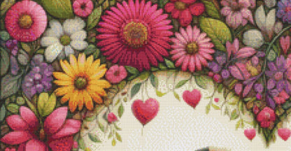 Cabin Nestled in a Heart of Flowers counted cross stitch pattern by World of Love Hearts/Adrian G. Eyre