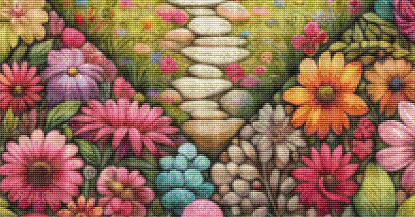 Cabin Nestled in a Heart of Flowers counted cross stitch pattern by World of Love Hearts/Adrian G. Eyre