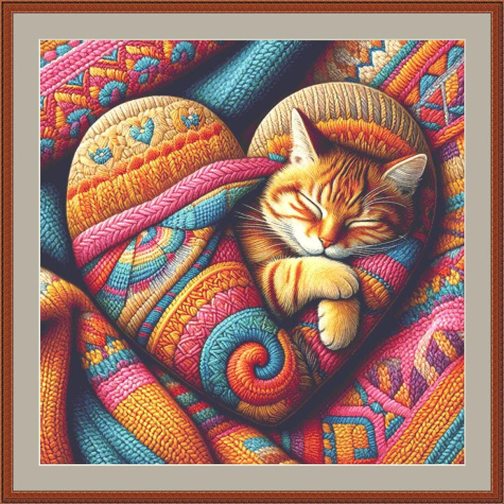 Ginger Cat Nestled in a Cocoon of Knitted Love counted cross stitch pattern by World of Love Hearts/Adrian G. Eyre