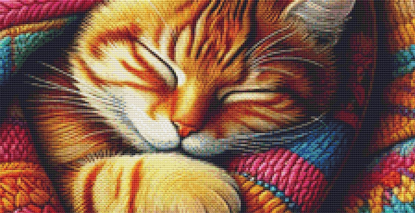 Ginger Cat Nestled in a Cocoon of Knitted Love counted cross stitch pattern by World of Love Hearts/Adrian G. Eyre