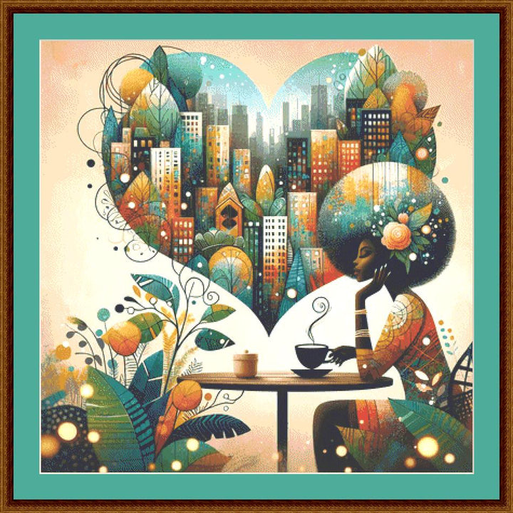 Sipping Coffee in the Quiet of the City counted cross stitch pattern by World of Love Hearts/Adrian G. Eyre