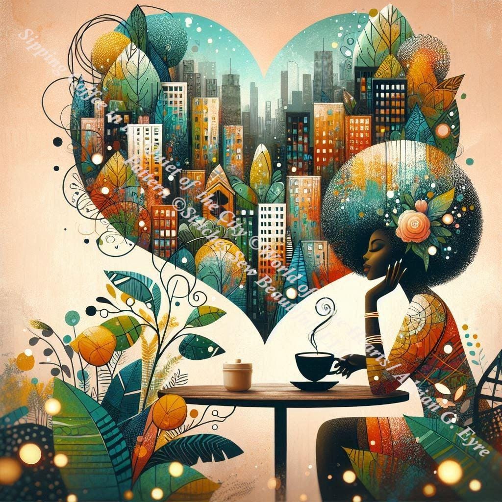 Sipping Coffee in the Quiet of the City counted cross stitch pattern by World of Love Hearts/Adrian G. Eyre