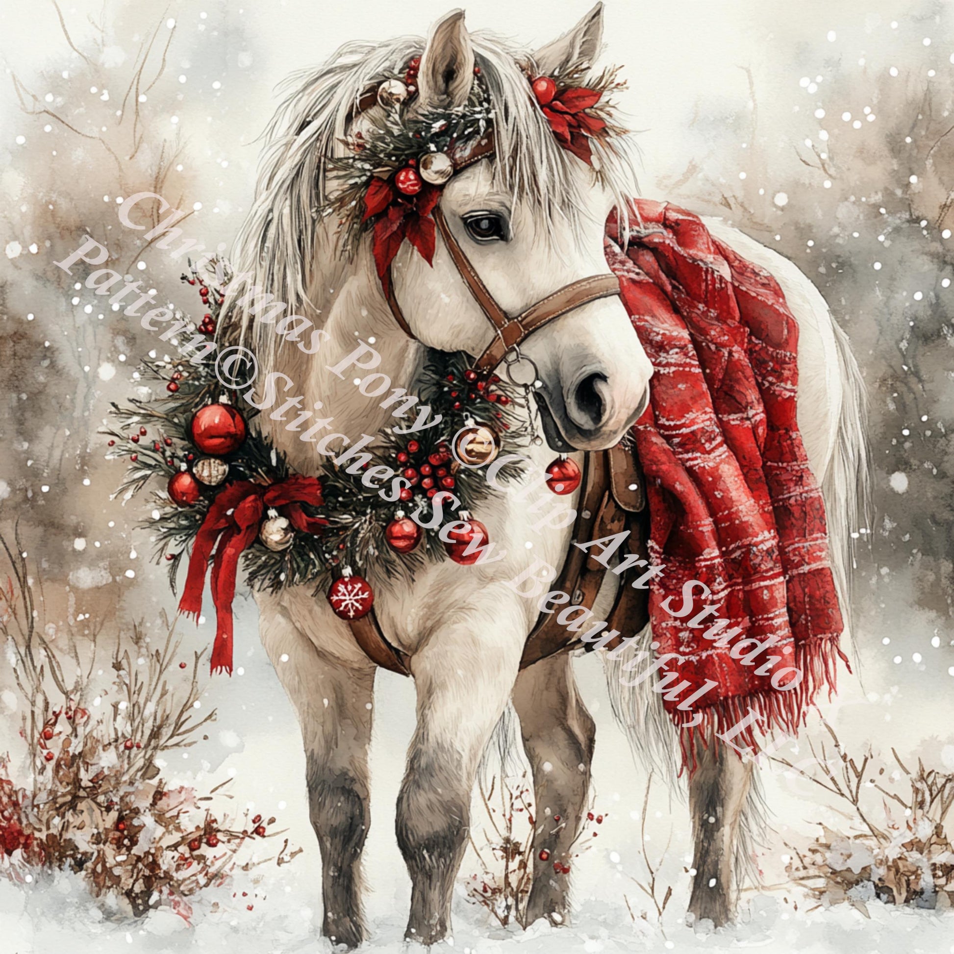 Christmas Pony (Max Size/Color) counted cross stitch pattern by Clip Art Studio X