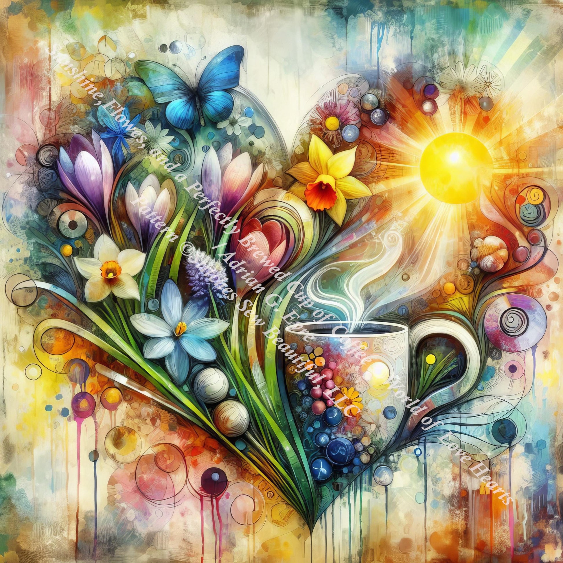 Sunshine, Flowers, and a Perfectly Brewed Cup of Coffee counted cross stitch pattern by World of Love Hearts/Adrian G. Eyre