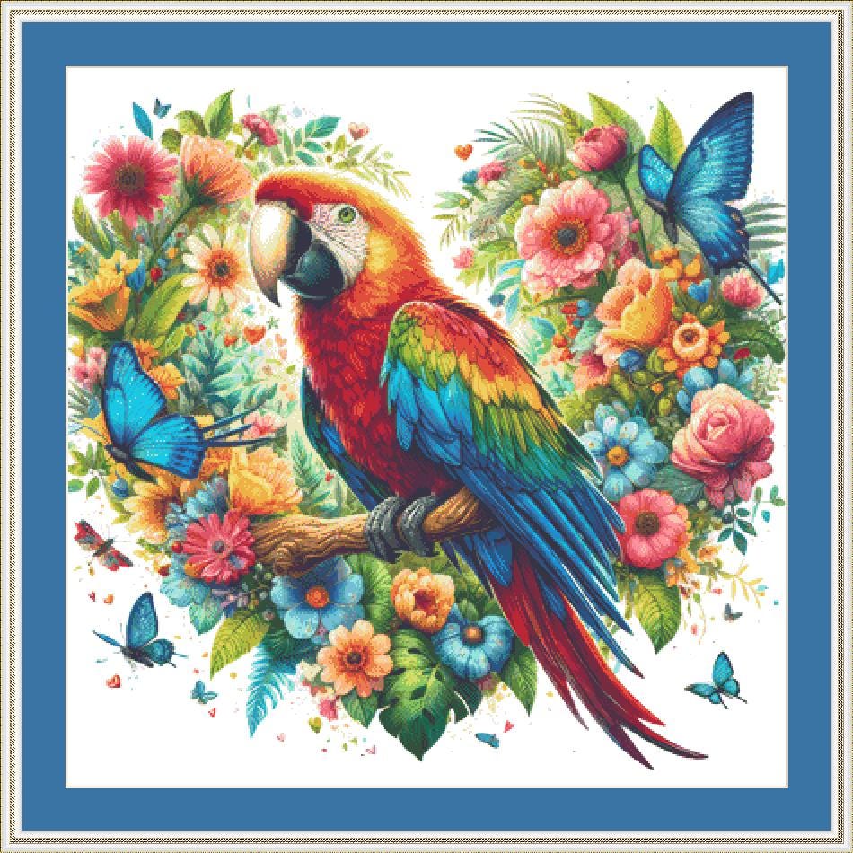 Vibrant Macaw Amidst Flourishing Florals counted cross stitch pattern by World of Love Hearts/Adrian G. Eyre