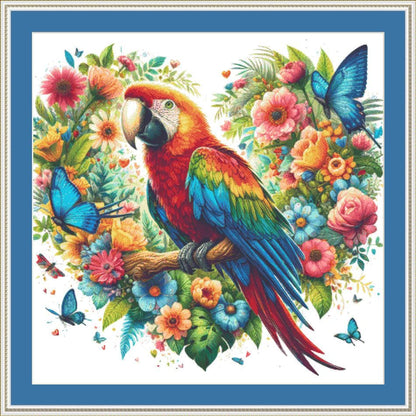 Vibrant Macaw Amidst Flourishing Florals counted cross stitch pattern by World of Love Hearts/Adrian G. Eyre