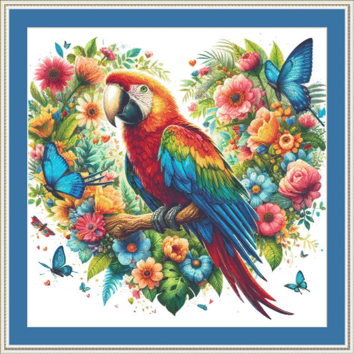 Vibrant Macaw Amidst Flourishing Florals counted cross stitch pattern by World of Love Hearts/Adrian G. Eyre