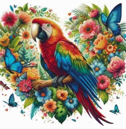 Vibrant Macaw Amidst Flourishing Florals counted cross stitch pattern by World of Love Hearts/Adrian G. Eyre