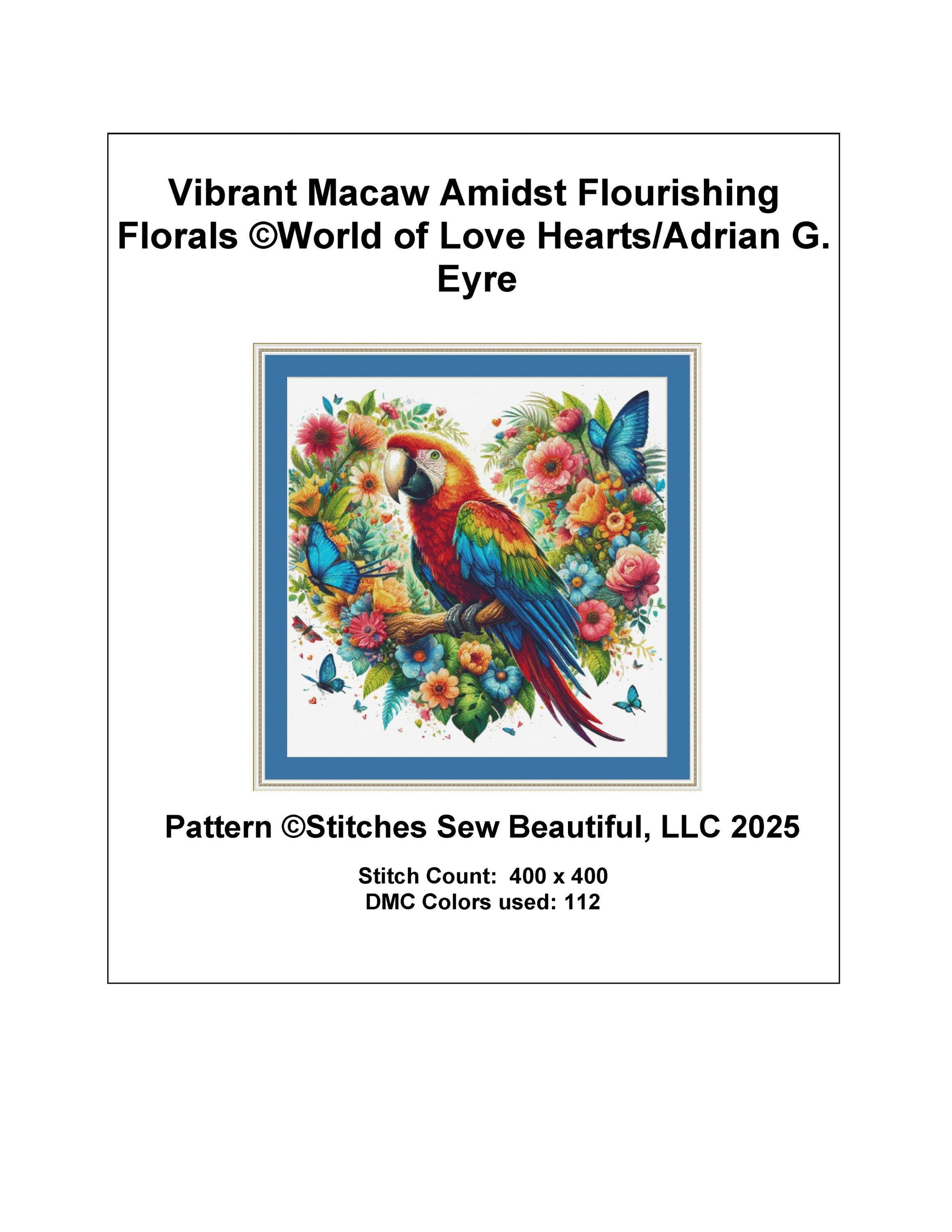 Vibrant Macaw Amidst Flourishing Florals counted cross stitch pattern by World of Love Hearts/Adrian G. Eyre