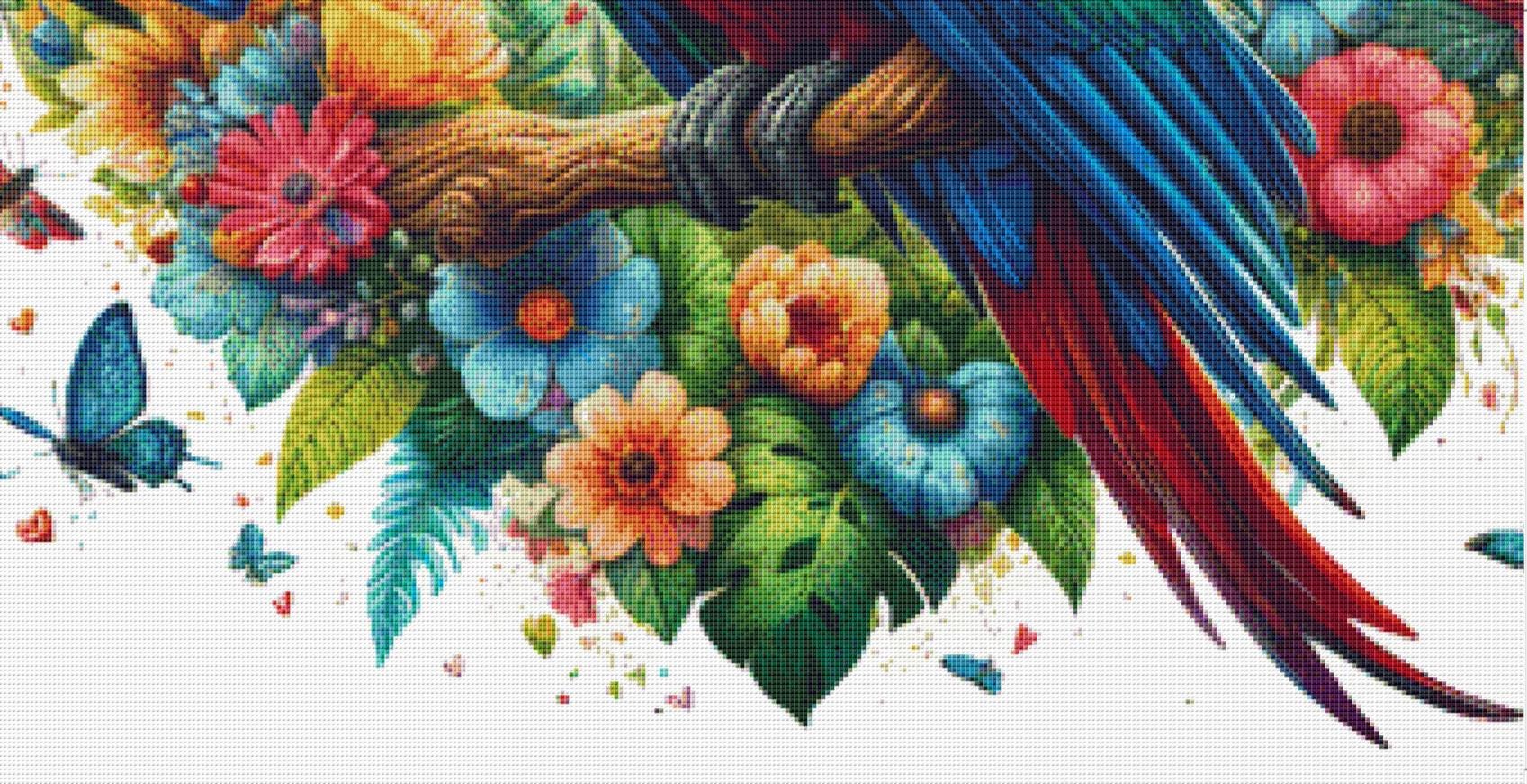 Vibrant Macaw Amidst Flourishing Florals counted cross stitch pattern by World of Love Hearts/Adrian G. Eyre