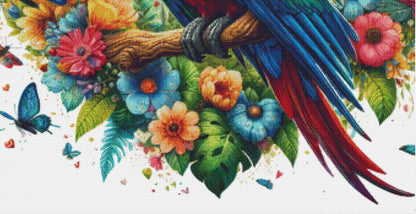 Vibrant Macaw Amidst Flourishing Florals counted cross stitch pattern by World of Love Hearts/Adrian G. Eyre