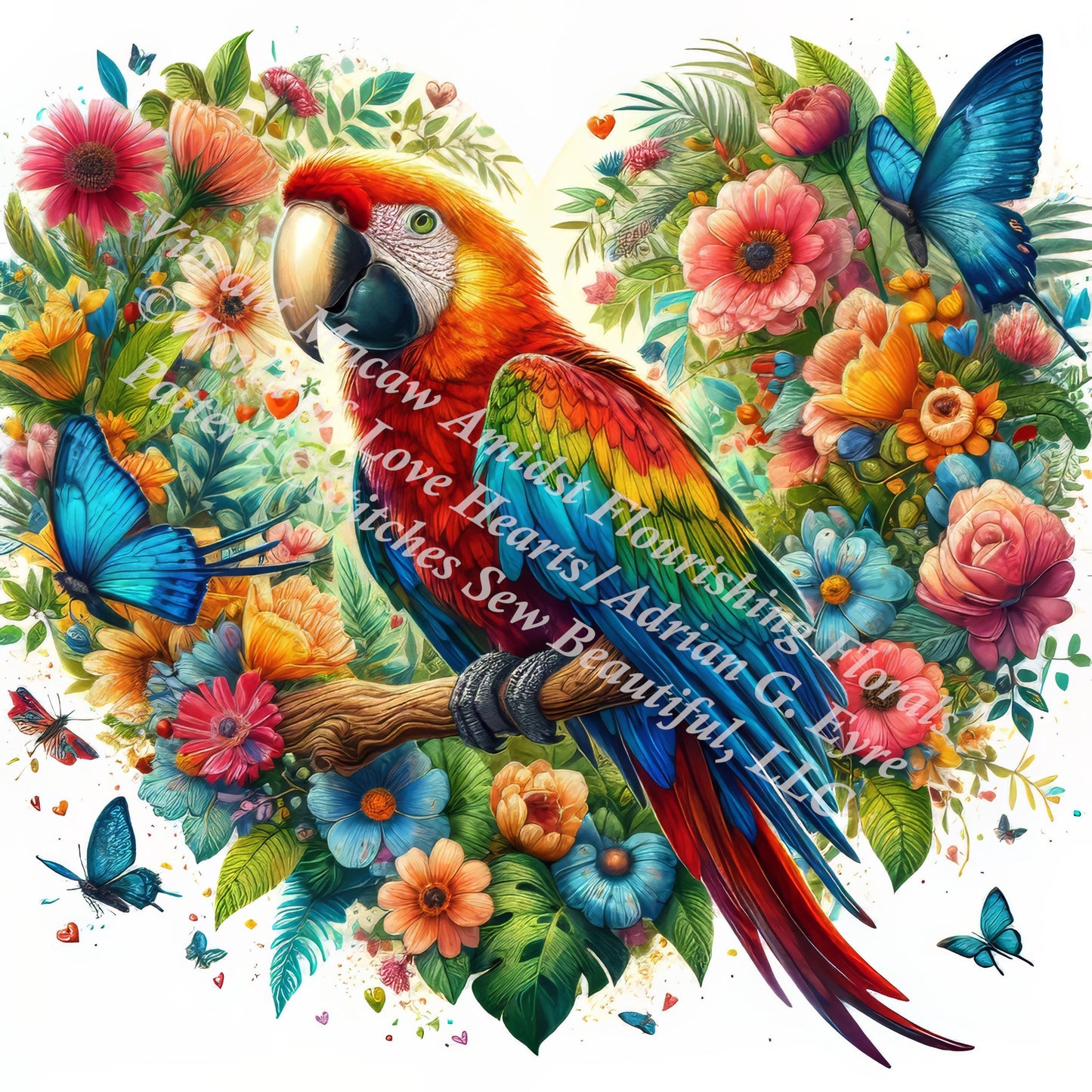 Vibrant Macaw Amidst Flourishing Florals counted cross stitch pattern by World of Love Hearts/Adrian G. Eyre