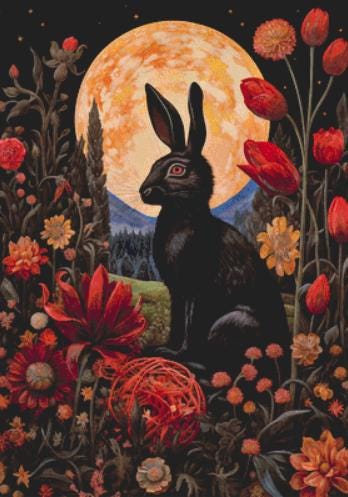 Gothic Botanical Rabbit counted cross stitch pattern by Dutch Lady Mystic Art