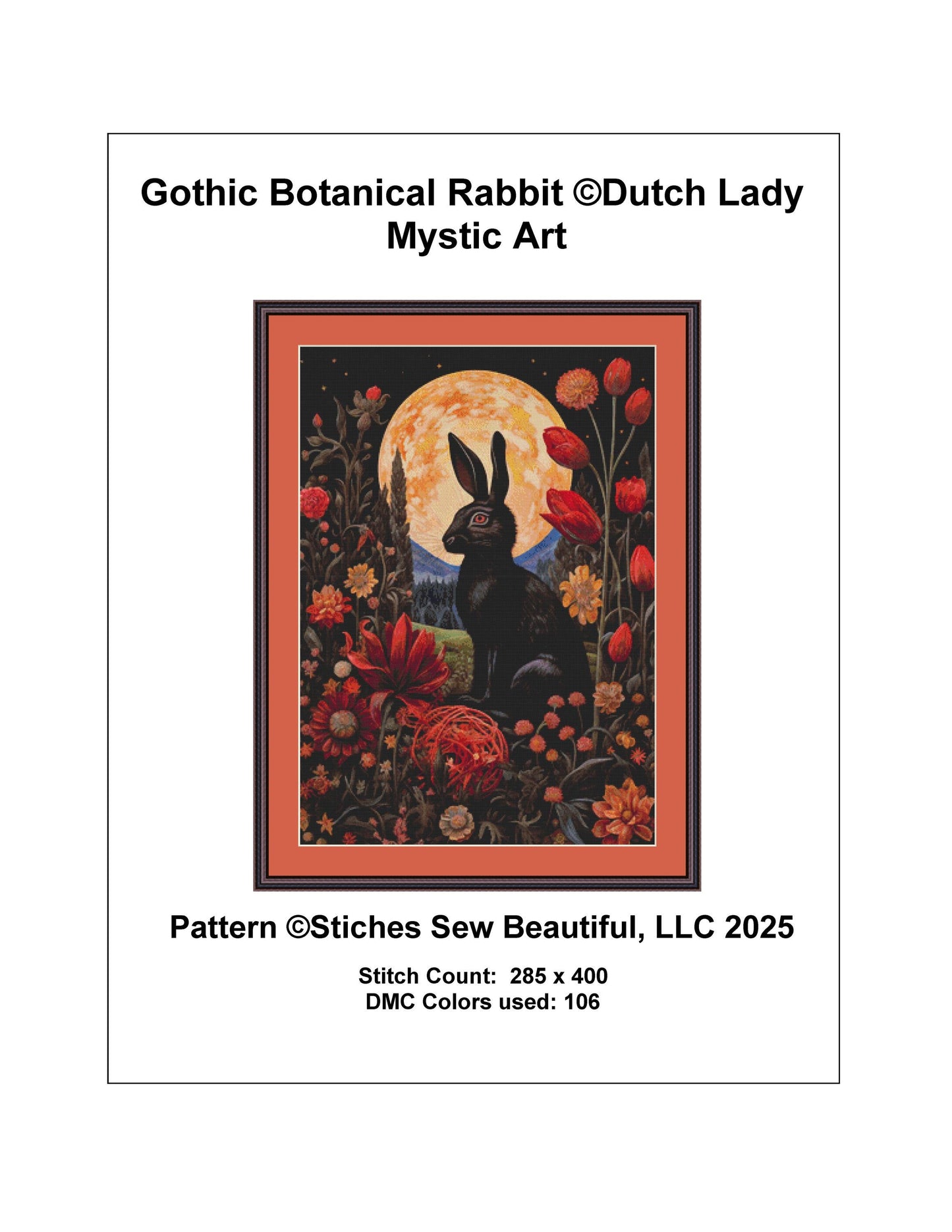 Gothic Botanical Rabbit counted cross stitch pattern by Dutch Lady Mystic Art
