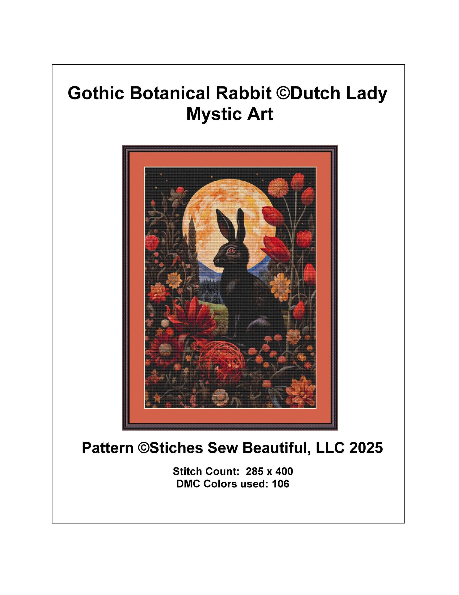 Gothic Botanical Rabbit counted cross stitch pattern by Dutch Lady Mystic Art