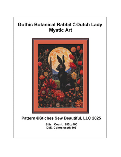Gothic Botanical Rabbit counted cross stitch pattern by Dutch Lady Mystic Art
