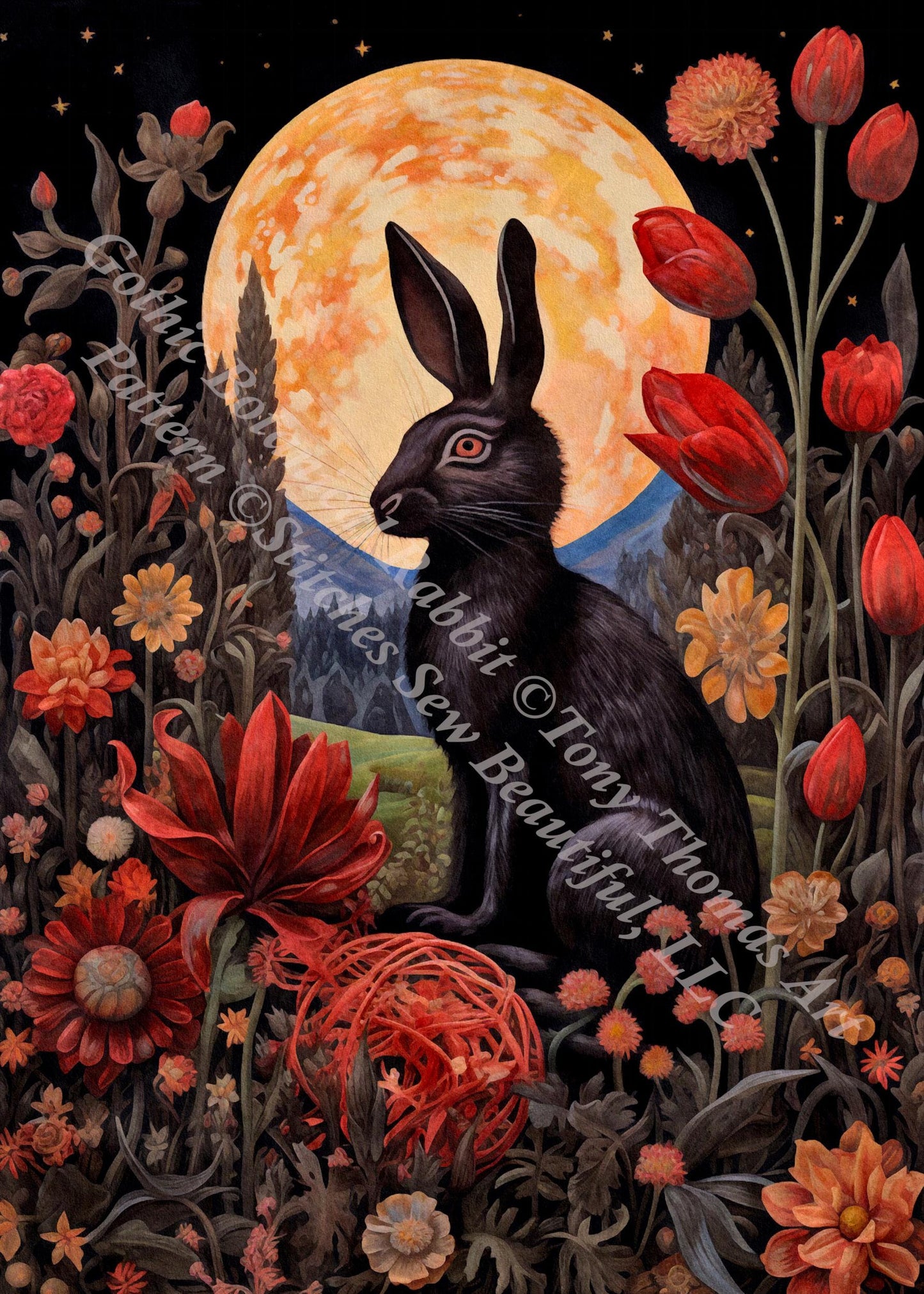 Gothic Botanical Rabbit counted cross stitch pattern by Dutch Lady Mystic Art