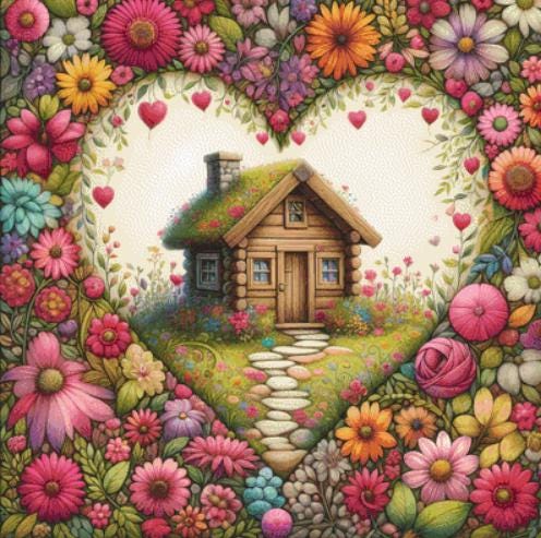 Cabin Nestled in a Heart of Flowers counted cross stitch pattern by World of Love Hearts/Adrian G. Eyre