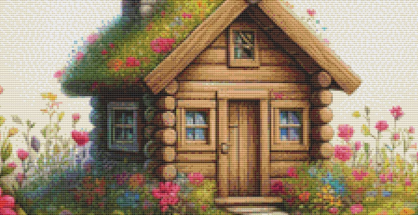 Cabin Nestled in a Heart of Flowers counted cross stitch pattern by World of Love Hearts/Adrian G. Eyre