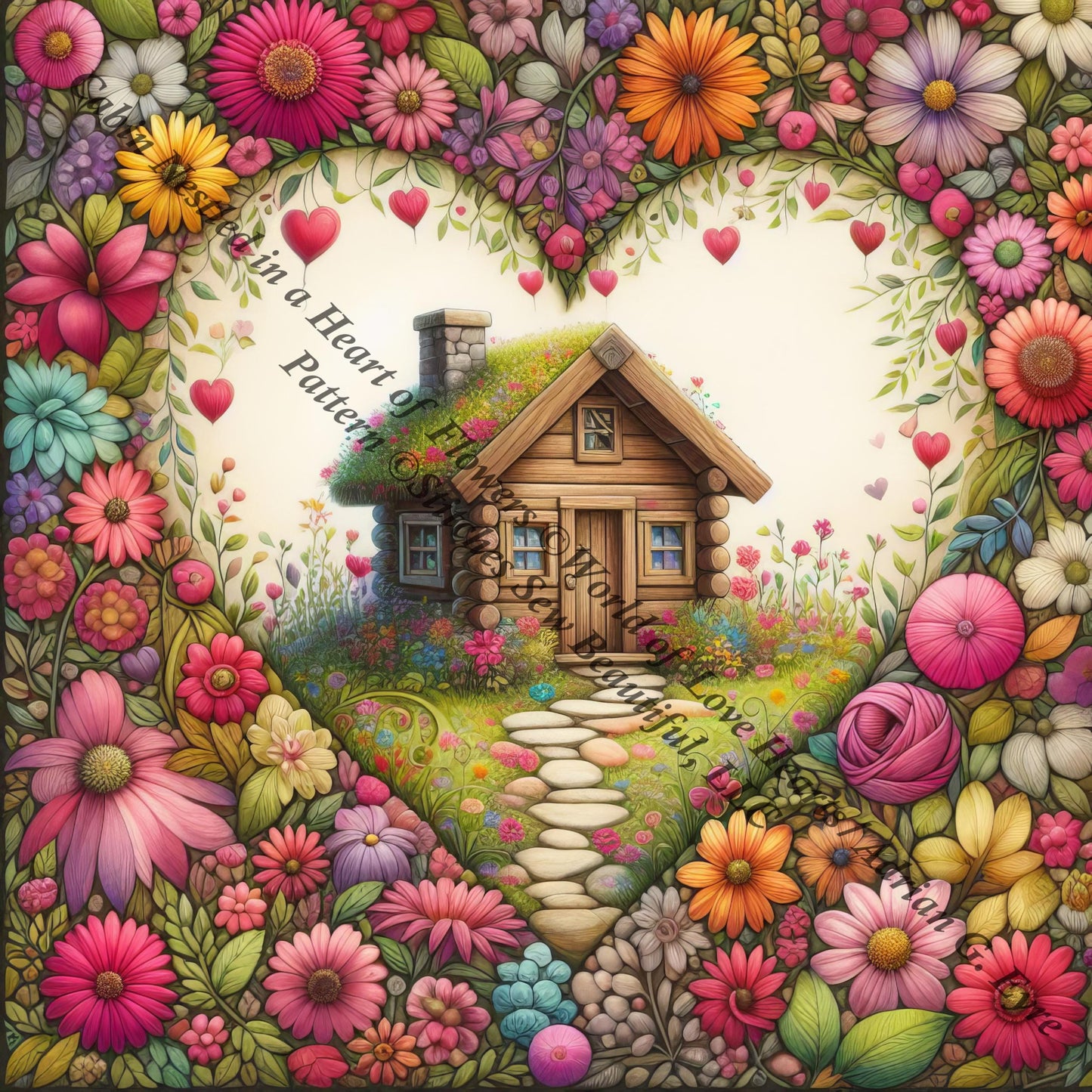 Cabin Nestled in a Heart of Flowers counted cross stitch pattern by World of Love Hearts/Adrian G. Eyre