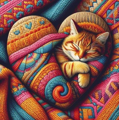 Ginger Cat Nestled in a Cocoon of Knitted Love counted cross stitch pattern by World of Love Hearts/Adrian G. Eyre