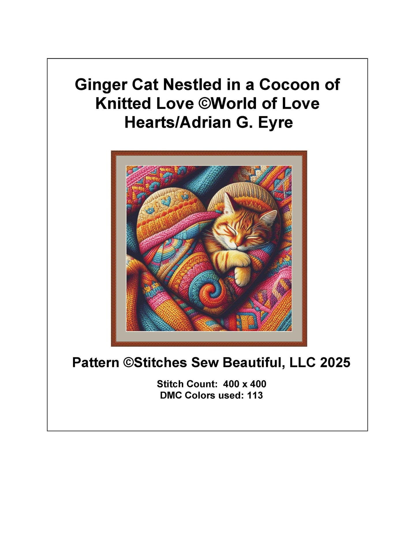 Ginger Cat Nestled in a Cocoon of Knitted Love counted cross stitch pattern by World of Love Hearts/Adrian G. Eyre