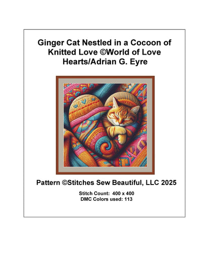 Ginger Cat Nestled in a Cocoon of Knitted Love counted cross stitch pattern by World of Love Hearts/Adrian G. Eyre
