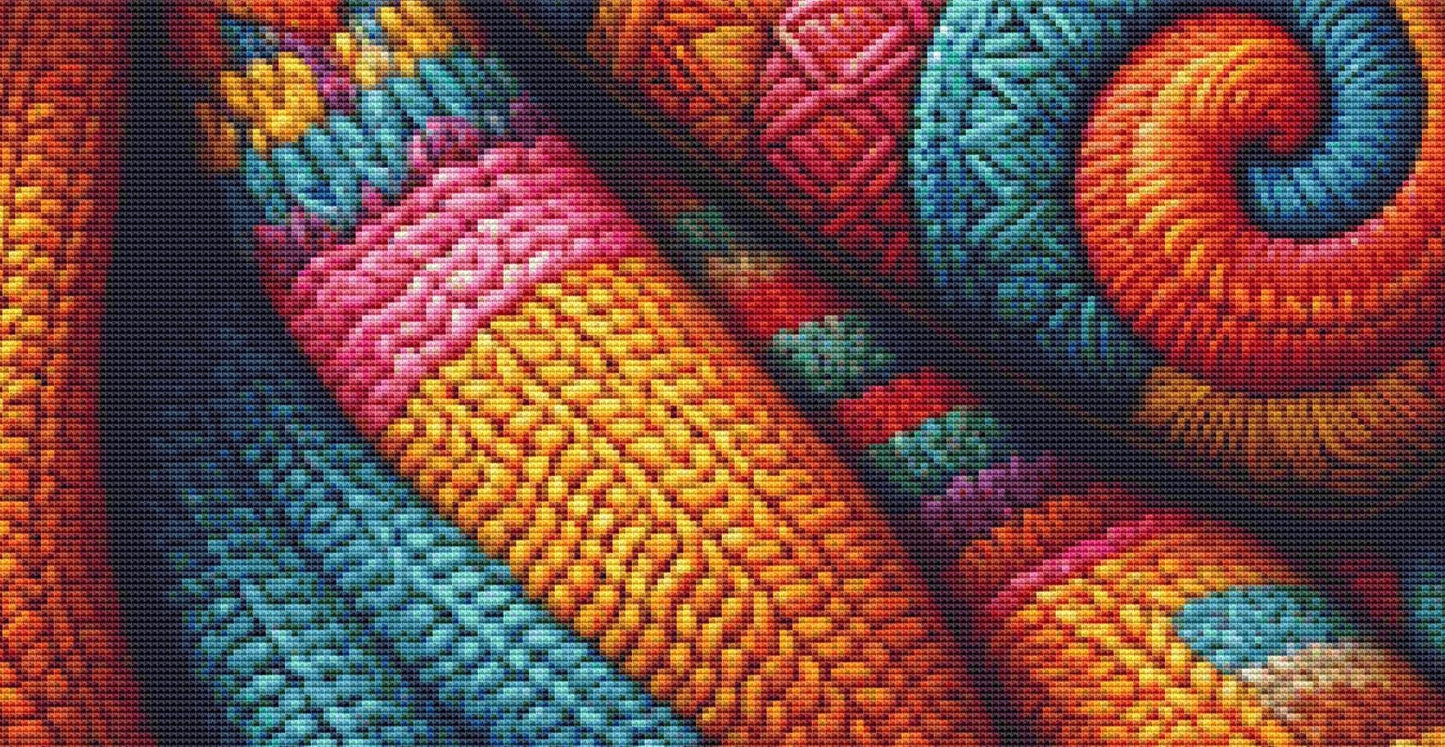 Ginger Cat Nestled in a Cocoon of Knitted Love counted cross stitch pattern by World of Love Hearts/Adrian G. Eyre