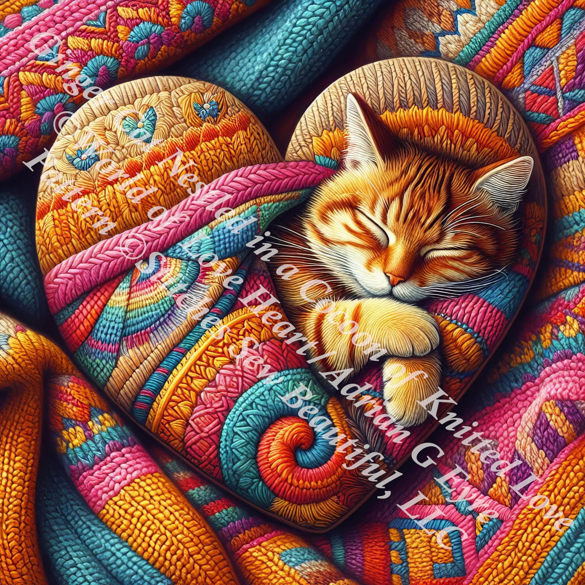 Ginger Cat Nestled in a Cocoon of Knitted Love counted cross stitch pattern by World of Love Hearts/Adrian G. Eyre