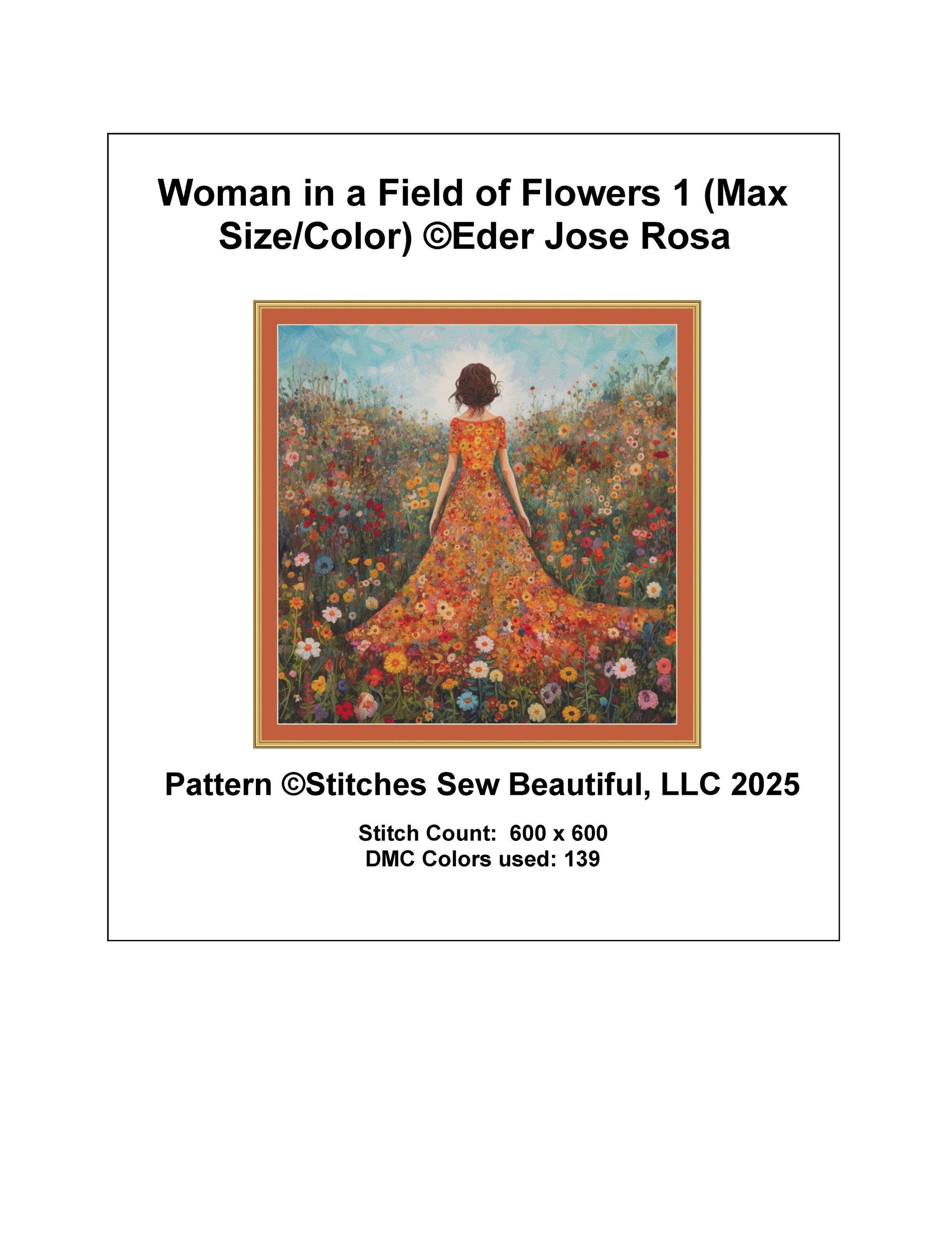 Woman in a Field of Flowers 1 (Max Size/Color) counted cross stitch pattern by Eder Jose Rosa