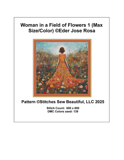 Woman in a Field of Flowers 1 (Max Size/Color) counted cross stitch pattern by Eder Jose Rosa