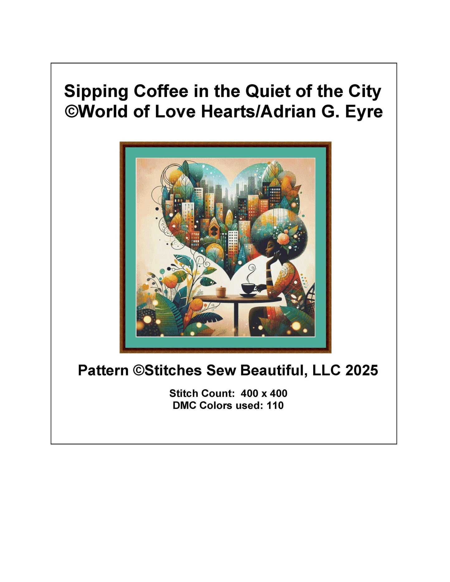Sipping Coffee in the Quiet of the City counted cross stitch pattern by World of Love Hearts/Adrian G. Eyre